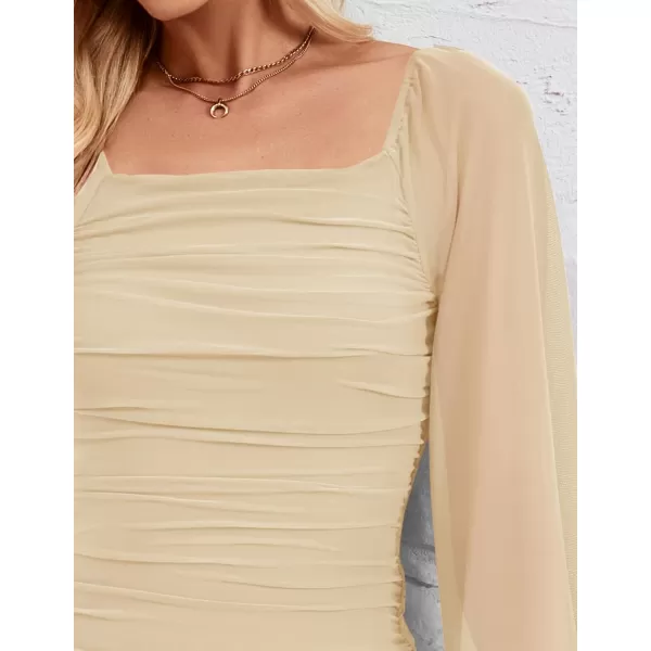 imageZESICA Womens 2024 Sexy Ruched Bodycon Midi Dress Long Puff Sleeve Square Neck Backless Cocktail Party Wedding DressesApricot