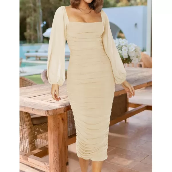 imageZESICA Womens 2024 Sexy Ruched Bodycon Midi Dress Long Puff Sleeve Square Neck Backless Cocktail Party Wedding DressesApricot