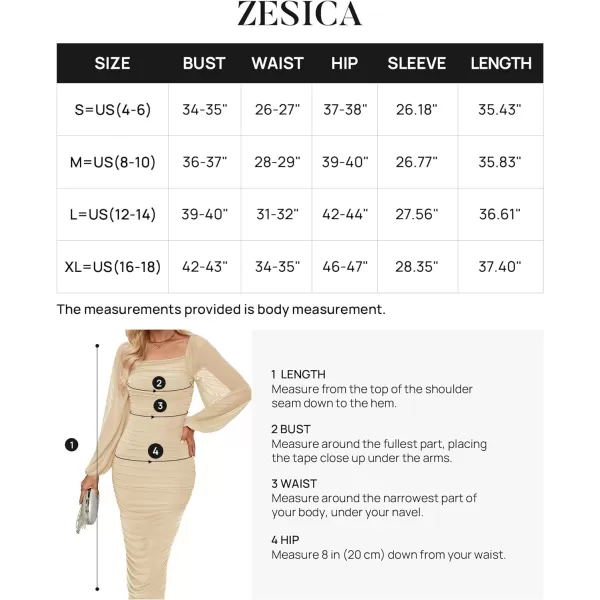 imageZESICA Womens 2024 Sexy Ruched Bodycon Midi Dress Long Puff Sleeve Square Neck Backless Cocktail Party Wedding DressesApricot