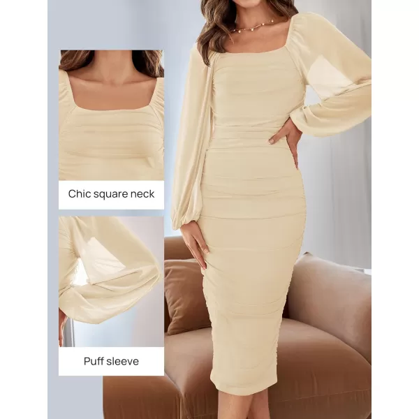 imageZESICA Womens 2024 Sexy Ruched Bodycon Midi Dress Long Puff Sleeve Square Neck Backless Cocktail Party Wedding DressesApricot
