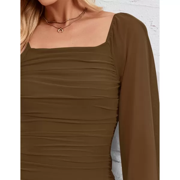 imageZESICA Womens 2024 Sexy Ruched Bodycon Midi Dress Long Puff Sleeve Square Neck Backless Cocktail Party Wedding DressesBrown