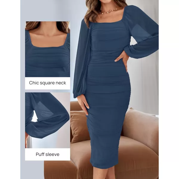 imageZESICA Womens 2024 Sexy Ruched Bodycon Midi Dress Long Puff Sleeve Square Neck Backless Cocktail Party Wedding DressesDarkblue