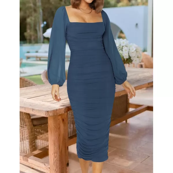imageZESICA Womens 2024 Sexy Ruched Bodycon Midi Dress Long Puff Sleeve Square Neck Backless Cocktail Party Wedding DressesDarkblue