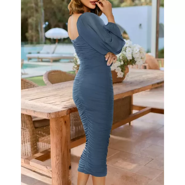 imageZESICA Womens 2024 Sexy Ruched Bodycon Midi Dress Long Puff Sleeve Square Neck Backless Cocktail Party Wedding DressesDarkblue