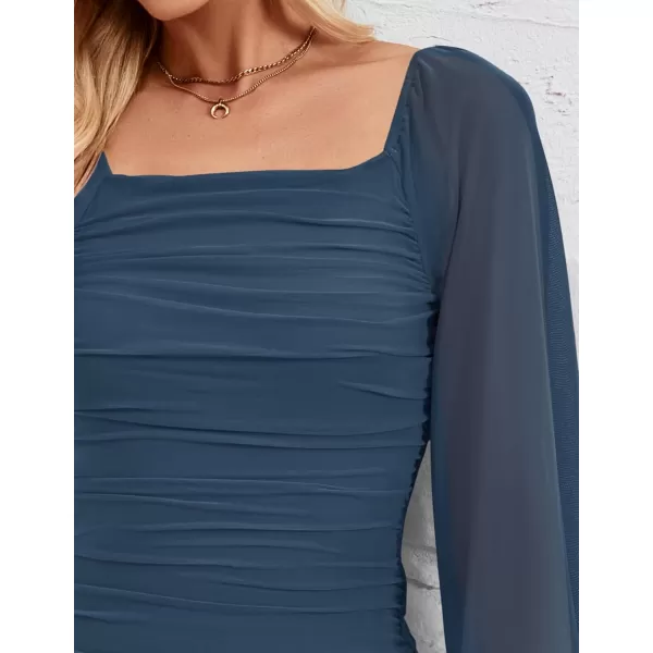 imageZESICA Womens 2024 Sexy Ruched Bodycon Midi Dress Long Puff Sleeve Square Neck Backless Cocktail Party Wedding DressesDarkblue
