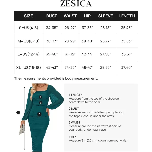 imageZESICA Womens 2024 Sexy Ruched Bodycon Midi Dress Long Puff Sleeve Square Neck Backless Cocktail Party Wedding DressesTeal