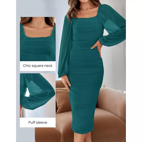 imageZESICA Womens 2024 Sexy Ruched Bodycon Midi Dress Long Puff Sleeve Square Neck Backless Cocktail Party Wedding DressesTeal