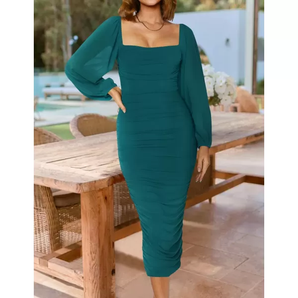 imageZESICA Womens 2024 Sexy Ruched Bodycon Midi Dress Long Puff Sleeve Square Neck Backless Cocktail Party Wedding DressesTeal