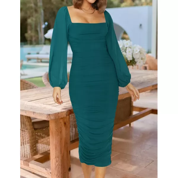 imageZESICA Womens 2024 Sexy Ruched Bodycon Midi Dress Long Puff Sleeve Square Neck Backless Cocktail Party Wedding DressesTeal