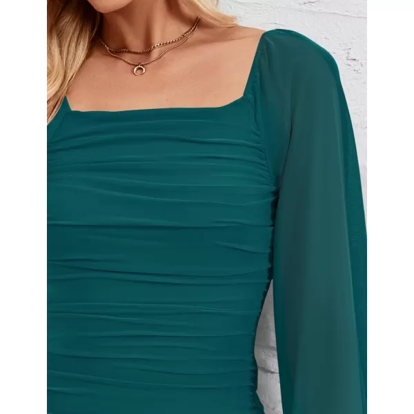 imageZESICA Womens 2024 Sexy Ruched Bodycon Midi Dress Long Puff Sleeve Square Neck Backless Cocktail Party Wedding DressesTeal