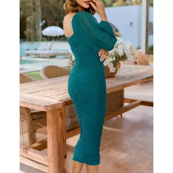 imageZESICA Womens 2024 Sexy Ruched Bodycon Midi Dress Long Puff Sleeve Square Neck Backless Cocktail Party Wedding DressesTeal