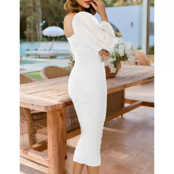 imageZESICA Womens 2024 Sexy Ruched Bodycon Midi Dress Long Puff Sleeve Square Neck Backless Cocktail Party Wedding DressesWhite
