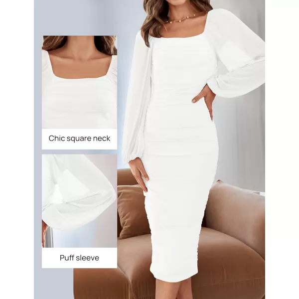 imageZESICA Womens 2024 Sexy Ruched Bodycon Midi Dress Long Puff Sleeve Square Neck Backless Cocktail Party Wedding DressesWhite
