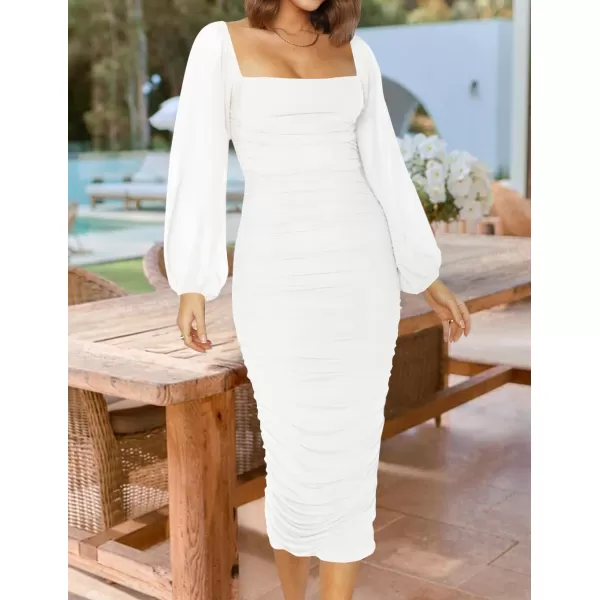 imageZESICA Womens 2024 Sexy Ruched Bodycon Midi Dress Long Puff Sleeve Square Neck Backless Cocktail Party Wedding DressesWhite