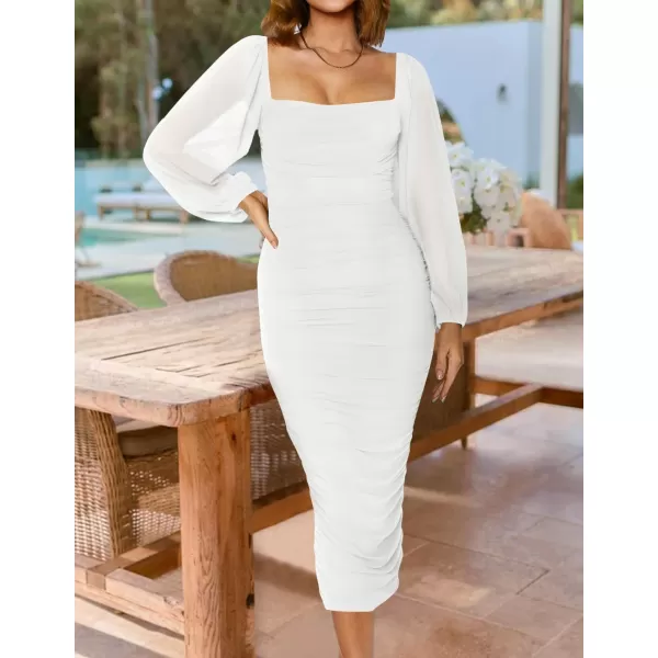 imageZESICA Womens 2024 Sexy Ruched Bodycon Midi Dress Long Puff Sleeve Square Neck Backless Cocktail Party Wedding DressesWhite