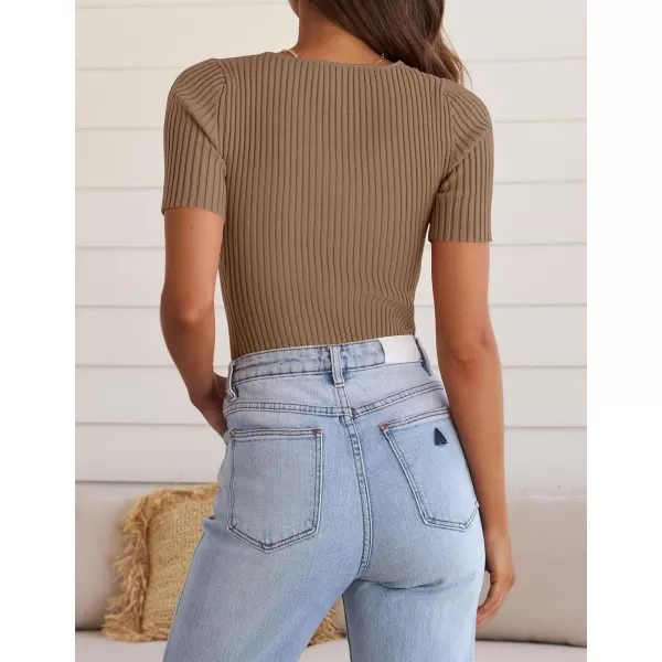 imageZESICA Womens 2024 Short Sleeve V Neck Slim Fit T Shirts Summer Casual Ribbed Knit Solid Color Basic Tee TopsBrown