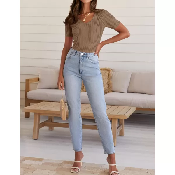 imageZESICA Womens 2024 Short Sleeve V Neck Slim Fit T Shirts Summer Casual Ribbed Knit Solid Color Basic Tee TopsBrown