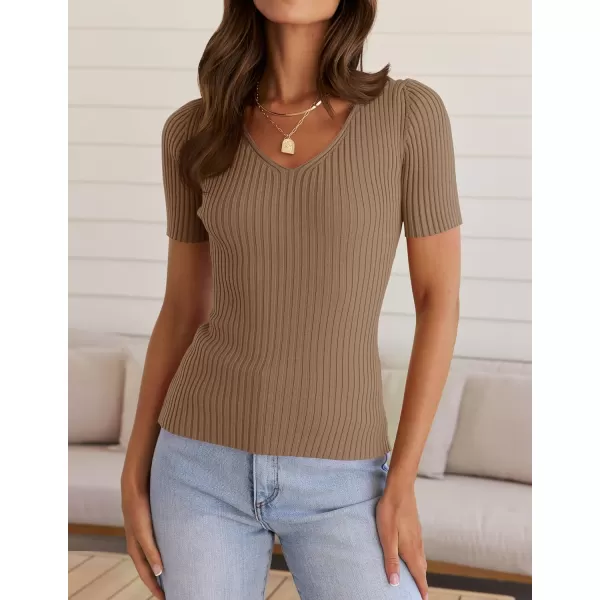 imageZESICA Womens 2024 Short Sleeve V Neck Slim Fit T Shirts Summer Casual Ribbed Knit Solid Color Basic Tee TopsBrown