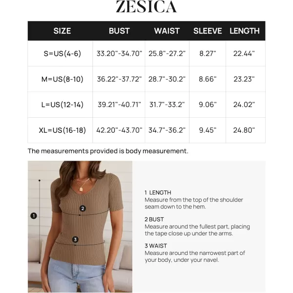 imageZESICA Womens 2024 Short Sleeve V Neck Slim Fit T Shirts Summer Casual Ribbed Knit Solid Color Basic Tee TopsBrown