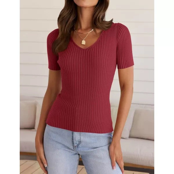 imageZESICA Womens 2024 Short Sleeve V Neck Slim Fit T Shirts Summer Casual Ribbed Knit Solid Color Basic Tee TopsDarkred