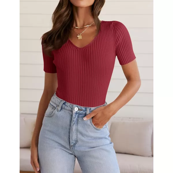 imageZESICA Womens 2024 Short Sleeve V Neck Slim Fit T Shirts Summer Casual Ribbed Knit Solid Color Basic Tee TopsDarkred