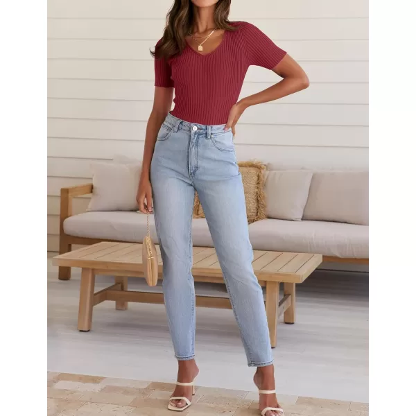 imageZESICA Womens 2024 Short Sleeve V Neck Slim Fit T Shirts Summer Casual Ribbed Knit Solid Color Basic Tee TopsDarkred