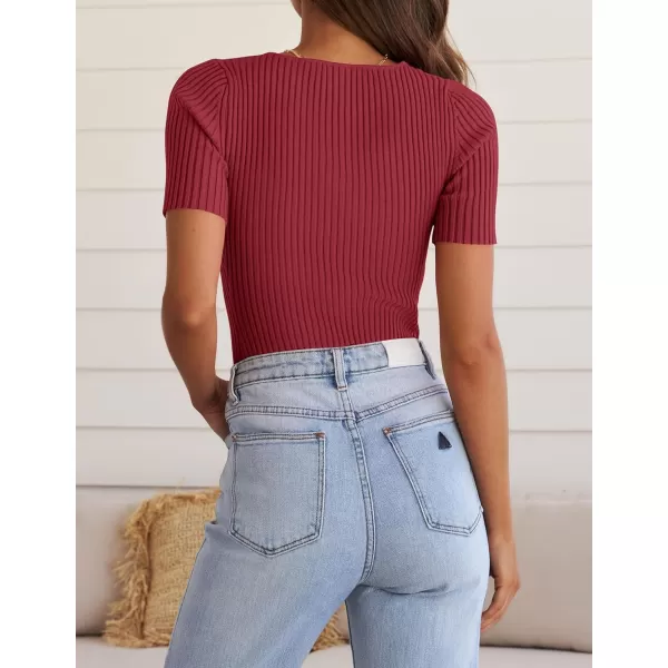 imageZESICA Womens 2024 Short Sleeve V Neck Slim Fit T Shirts Summer Casual Ribbed Knit Solid Color Basic Tee TopsDarkred