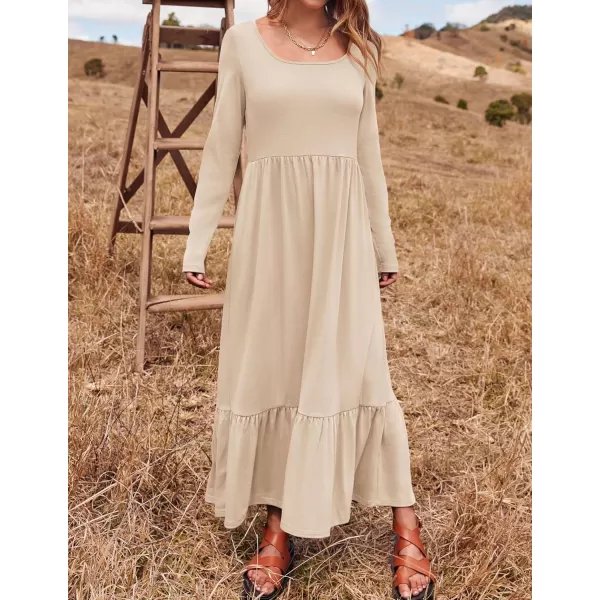 imageZESICA Womens 2024 Spring Dresses Long Sleeve Square Neck Summer Casual Swing Maxi Dress with PocketsApricot