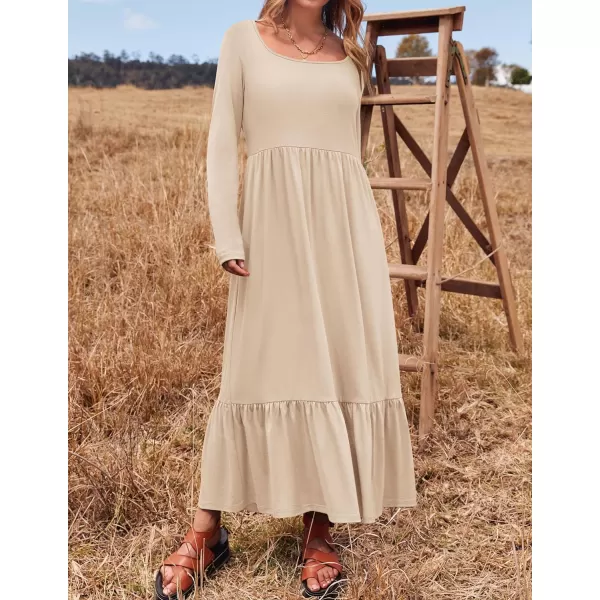 imageZESICA Womens 2024 Spring Dresses Long Sleeve Square Neck Summer Casual Swing Maxi Dress with PocketsApricot