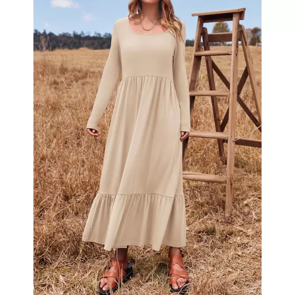 imageZESICA Womens 2024 Spring Dresses Long Sleeve Square Neck Summer Casual Swing Maxi Dress with PocketsApricot