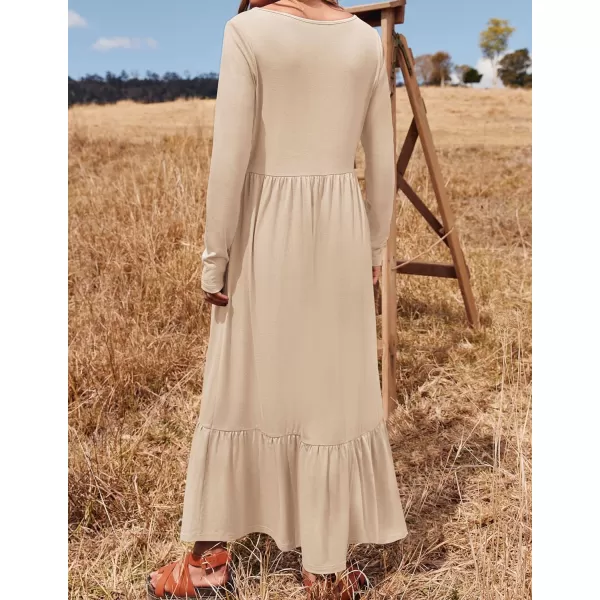 imageZESICA Womens 2024 Spring Dresses Long Sleeve Square Neck Summer Casual Swing Maxi Dress with PocketsApricot