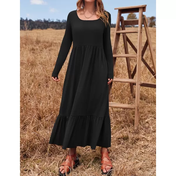imageZESICA Womens 2024 Spring Dresses Long Sleeve Square Neck Summer Casual Swing Maxi Dress with PocketsBlack