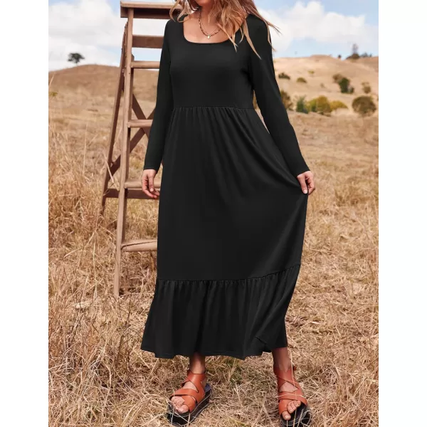 imageZESICA Womens 2024 Spring Dresses Long Sleeve Square Neck Summer Casual Swing Maxi Dress with PocketsBlack
