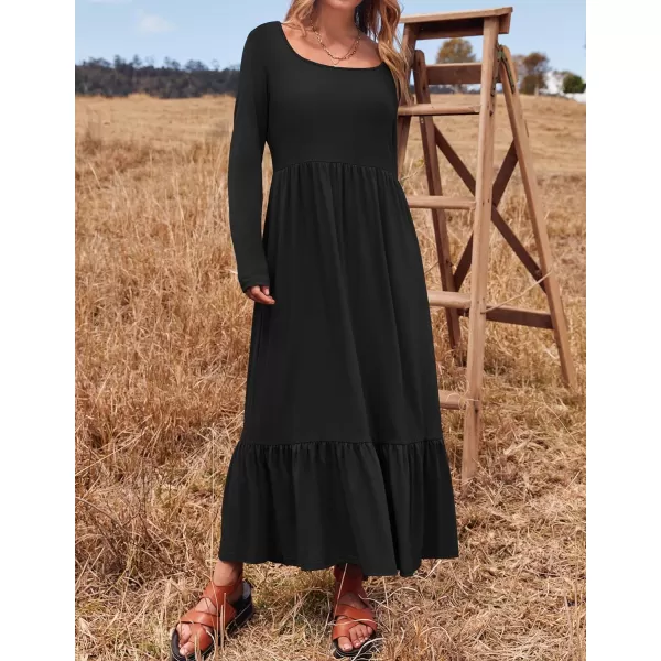 imageZESICA Womens 2024 Spring Dresses Long Sleeve Square Neck Summer Casual Swing Maxi Dress with PocketsBlack