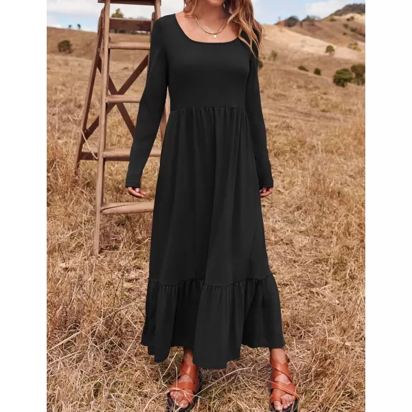 imageZESICA Womens 2024 Spring Dresses Long Sleeve Square Neck Summer Casual Swing Maxi Dress with PocketsBlack