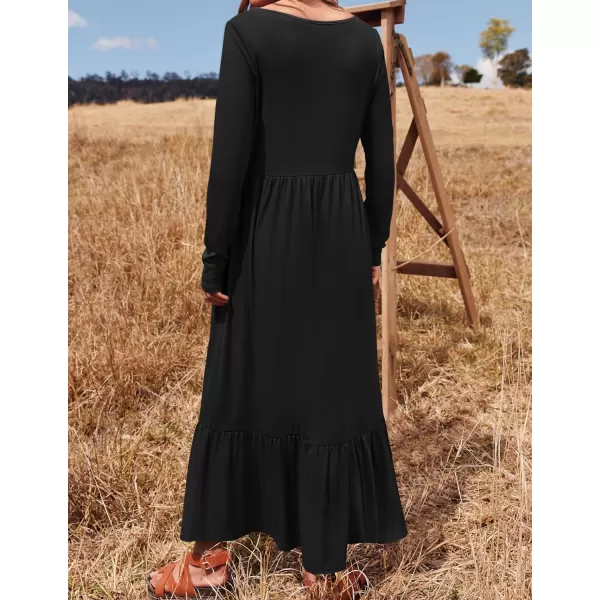 imageZESICA Womens 2024 Spring Dresses Long Sleeve Square Neck Summer Casual Swing Maxi Dress with PocketsBlack
