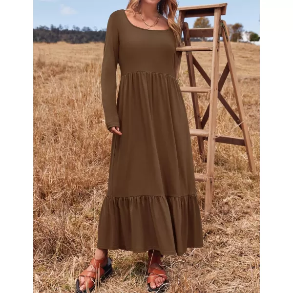 imageZESICA Womens 2024 Spring Dresses Long Sleeve Square Neck Summer Casual Swing Maxi Dress with PocketsCoffee