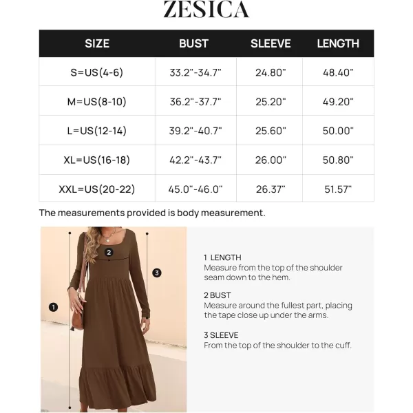 imageZESICA Womens 2024 Spring Dresses Long Sleeve Square Neck Summer Casual Swing Maxi Dress with PocketsCoffee