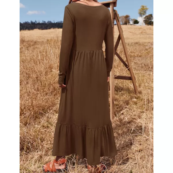 imageZESICA Womens 2024 Spring Dresses Long Sleeve Square Neck Summer Casual Swing Maxi Dress with PocketsCoffee