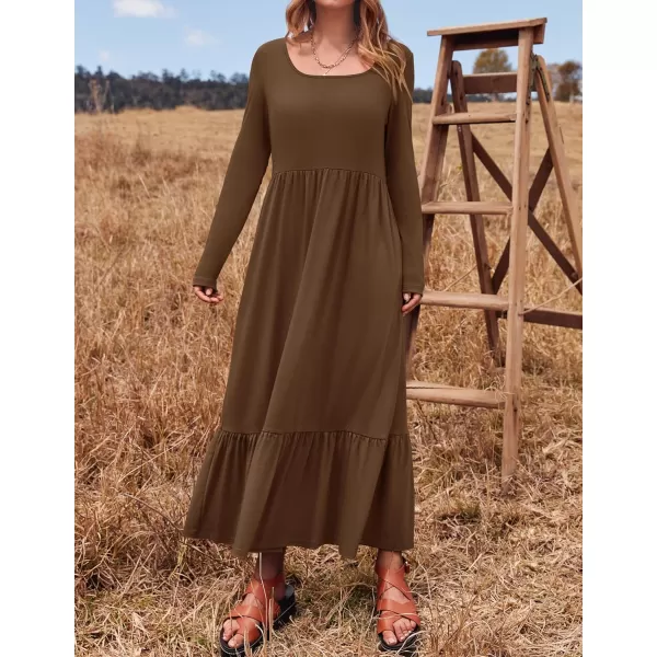 imageZESICA Womens 2024 Spring Dresses Long Sleeve Square Neck Summer Casual Swing Maxi Dress with PocketsCoffee