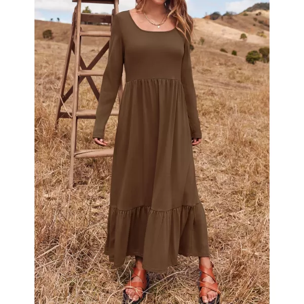 imageZESICA Womens 2024 Spring Dresses Long Sleeve Square Neck Summer Casual Swing Maxi Dress with PocketsCoffee