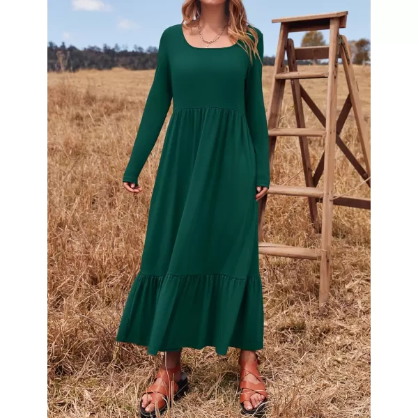 imageZESICA Womens 2024 Spring Dresses Long Sleeve Square Neck Summer Casual Swing Maxi Dress with PocketsDarkgreen