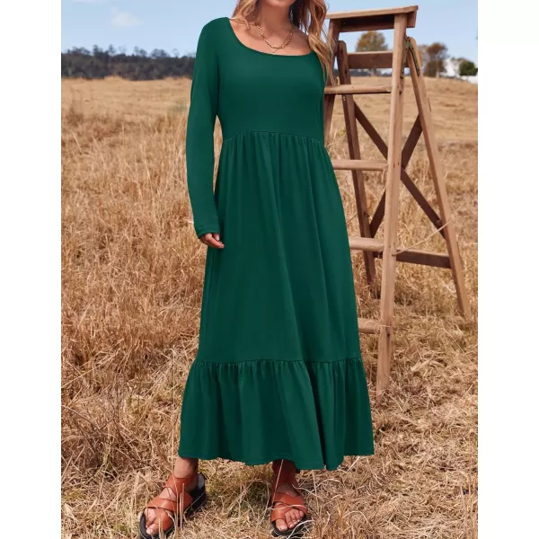 imageZESICA Womens 2024 Spring Dresses Long Sleeve Square Neck Summer Casual Swing Maxi Dress with PocketsDarkgreen