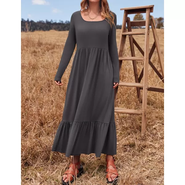 imageZESICA Womens 2024 Spring Dresses Long Sleeve Square Neck Summer Casual Swing Maxi Dress with PocketsGray