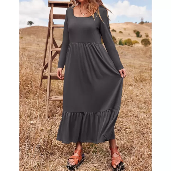 imageZESICA Womens 2024 Spring Dresses Long Sleeve Square Neck Summer Casual Swing Maxi Dress with PocketsGray