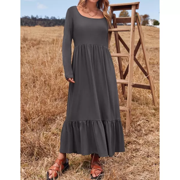 imageZESICA Womens 2024 Spring Dresses Long Sleeve Square Neck Summer Casual Swing Maxi Dress with PocketsGray