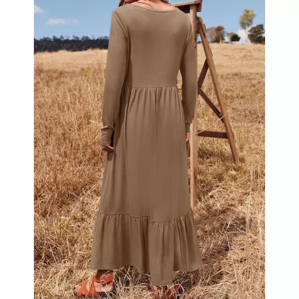 imageZESICA Womens 2024 Spring Dresses Long Sleeve Square Neck Summer Casual Swing Maxi Dress with PocketsKhaki