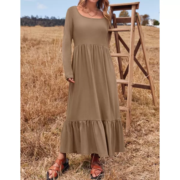 imageZESICA Womens 2024 Spring Dresses Long Sleeve Square Neck Summer Casual Swing Maxi Dress with PocketsKhaki
