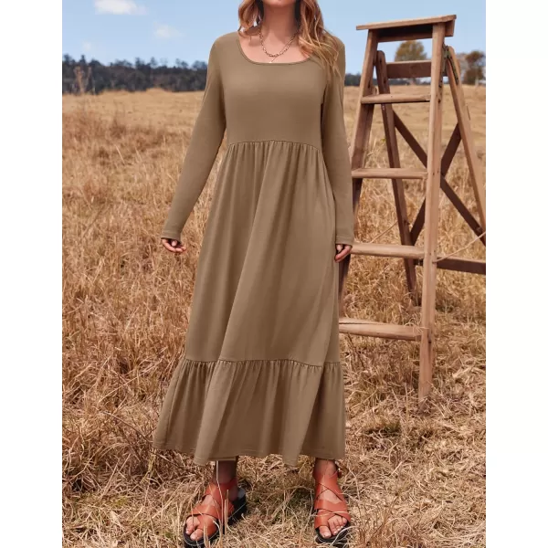 imageZESICA Womens 2024 Spring Dresses Long Sleeve Square Neck Summer Casual Swing Maxi Dress with PocketsKhaki
