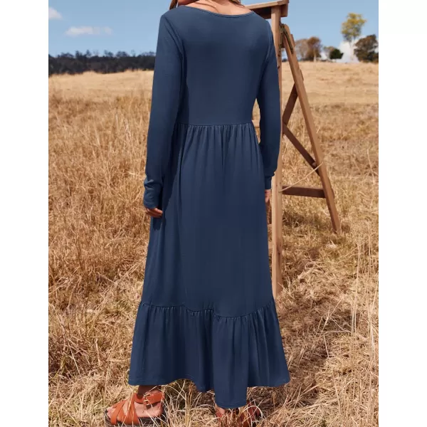 imageZESICA Womens 2024 Spring Dresses Long Sleeve Square Neck Summer Casual Swing Maxi Dress with PocketsNavy